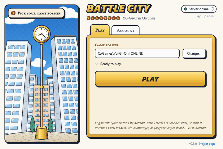 The launcher with the game folder picked, then an account made with a code from an email, then Play